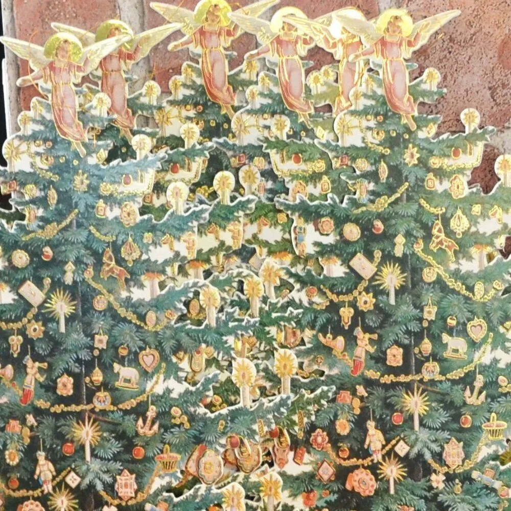 Set Of 6 Cardboard Die Cut Victorian Christmas Trees Ready To Hang 1 Santa Fan